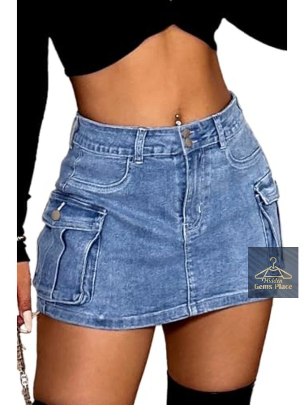 High Stretch Denim Cargo Skort High Waisted Mini Jean Skirt